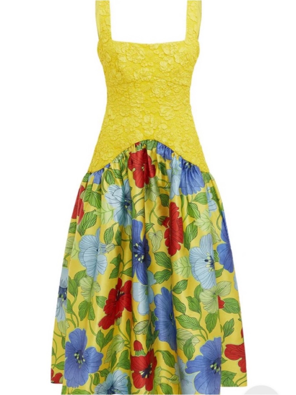 Alemais Yellow Lace Bodice Midi Dress with Multicolor Floral Skirt